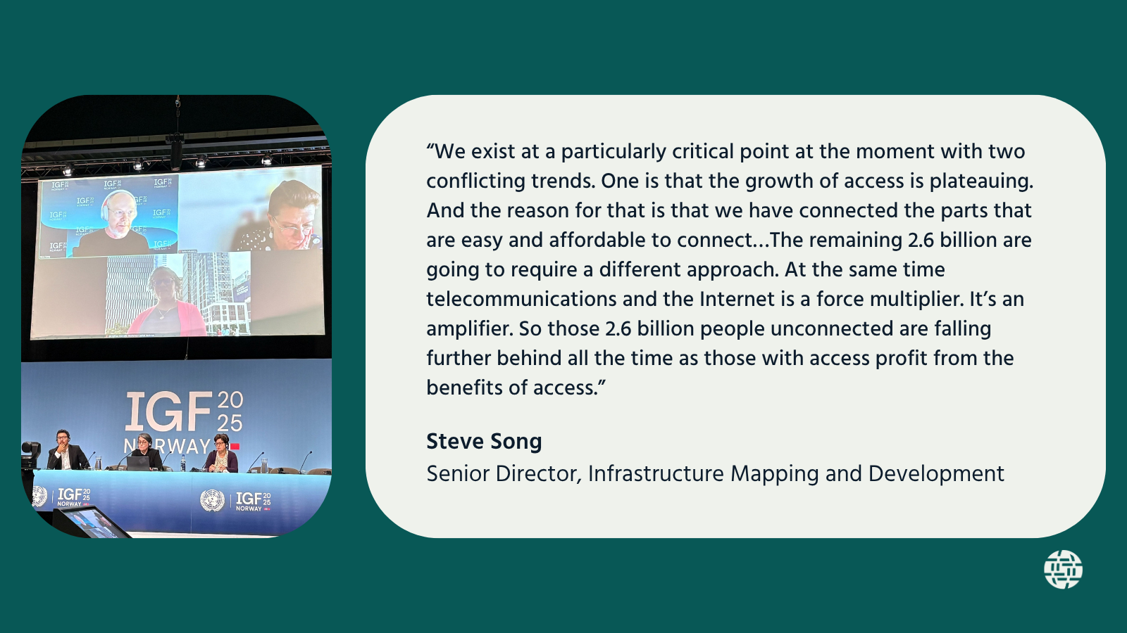 On the left, a quote “If you think about resiliency, I think the main question that we have to ask ourselves in these approaches is what can possibly go wrong? And what could possibly be broken? That informs your risk-based approach. - Olaf Kolkman, Principal, Internet Technology, Policy, and Advocacy”. On the right, a photo of Olaf speaking at the IGF. 
